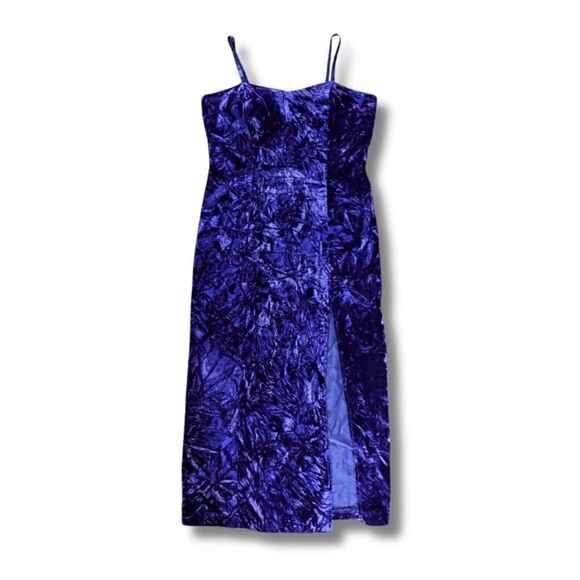 90s Vintage Crushed Velvet Evening Gown in Deep Indigo Blue/Purple, Size L - Picture 5 of 11